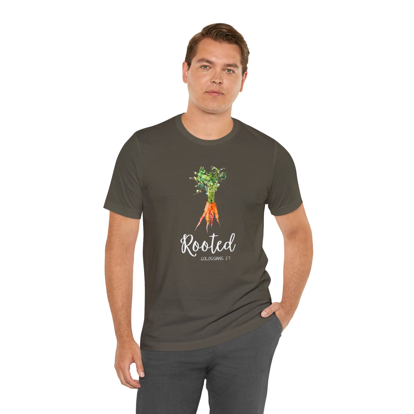 Rooted T-Shirt | Watercolor Carrot | Colossians 2:7 Unisex T-Shirt - Bella Canvas
